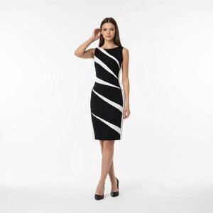 Adrianna Papell Black White Sheath Dress Sleeveless Sheath Midi Knee‎ Length